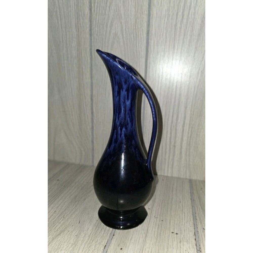 Vintage Cobalt Blue Abstract Glazed Pottery Vase Pitcher USA 9"